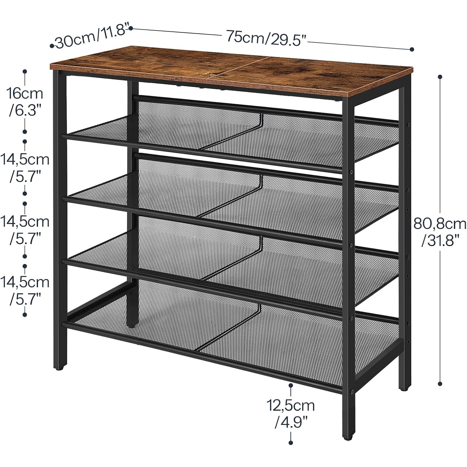 Hoobro Shoe Rack For Entryway, 5-Tier Shoe Organizer With Adjustable Mesh Shelves, 16-20 Pairs Of Shoes, Spacious Floor Mount, Metal, Industrial, Shoe Shelf For Closet, Rustic Brown Bf12Xj01