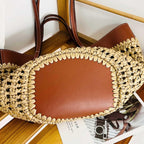 Straw Beach Bags For Women, Boho Summer Purse Tote With Pu Shoulder Strap