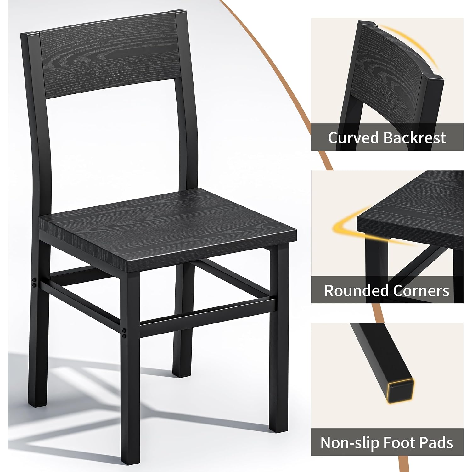 Dining Chairs Set Of 4, Rustic Wood Dining Room Chairs With Thickened And Strengthened Metal Steel Frame & Slat Back, Modern Farmhouse Chair For Kitchen, Dining Room (4, Dark Black)