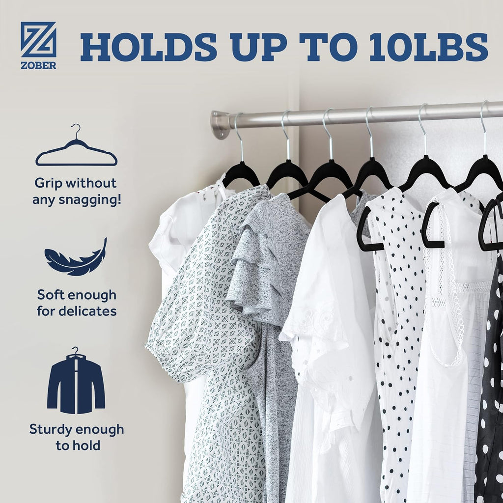 Zober Black Velvet Hangers 50 Pack - Clothes Hangers, Coat Hanger For Pants & Dress Clothes - Non Slip W/ 360 Degree Swivel, Holds Up To 10 Lbs - Strong Felt Hanger For Clothing