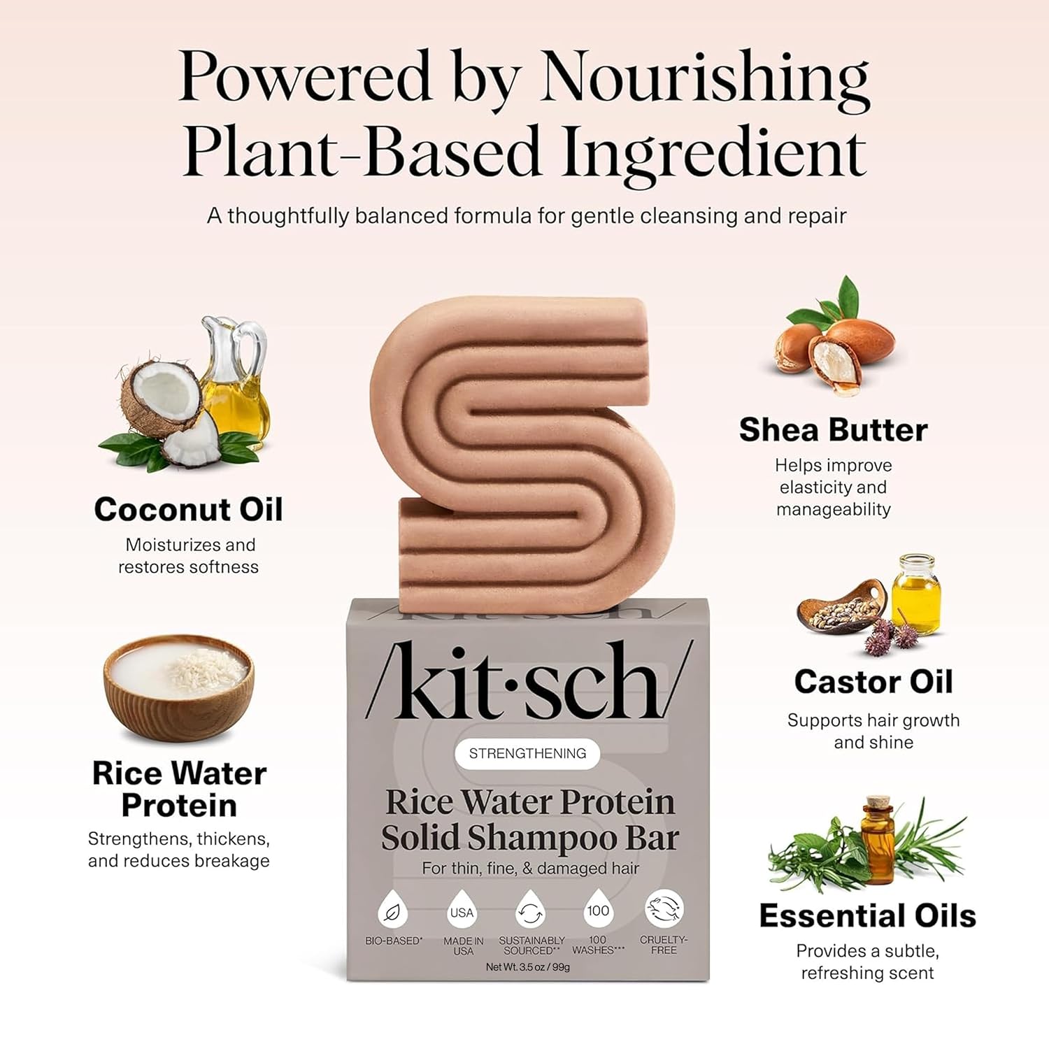 Kitsch Rice Water Shampoo Bar Soap For Hair Growth – Made In Usa, 3.5 Oz | Strengthening Hair Shampoo For Women & Men – Reduce Breakage, Boosts Shine – Paraben, Silicone & Sulfate-Free Hair Care