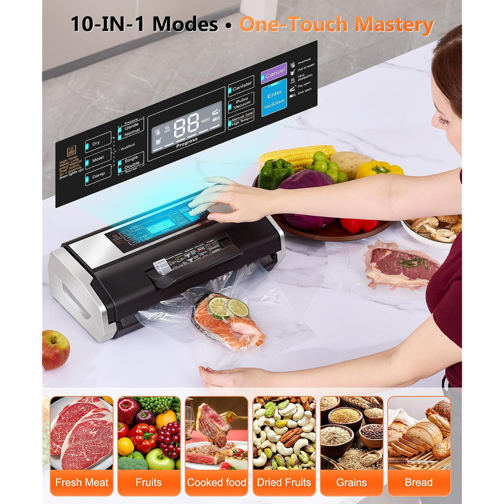 95Kpa Vacuum Sealer Machine- Fully Automatic Commercial Food Sealer With 10-In-1 System, Double Heat Seal, Easy-Lock Handle & Built-In Cutter, Includes 1 Roll + 15 Bags (Black Silver)