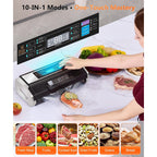 95Kpa Vacuum Sealer Machine- Fully Automatic Commercial Food Sealer With 10-In-1 System, Double Heat Seal, Easy-Lock Handle & Built-In Cutter, Includes 1 Roll + 15 Bags (Black Silver)