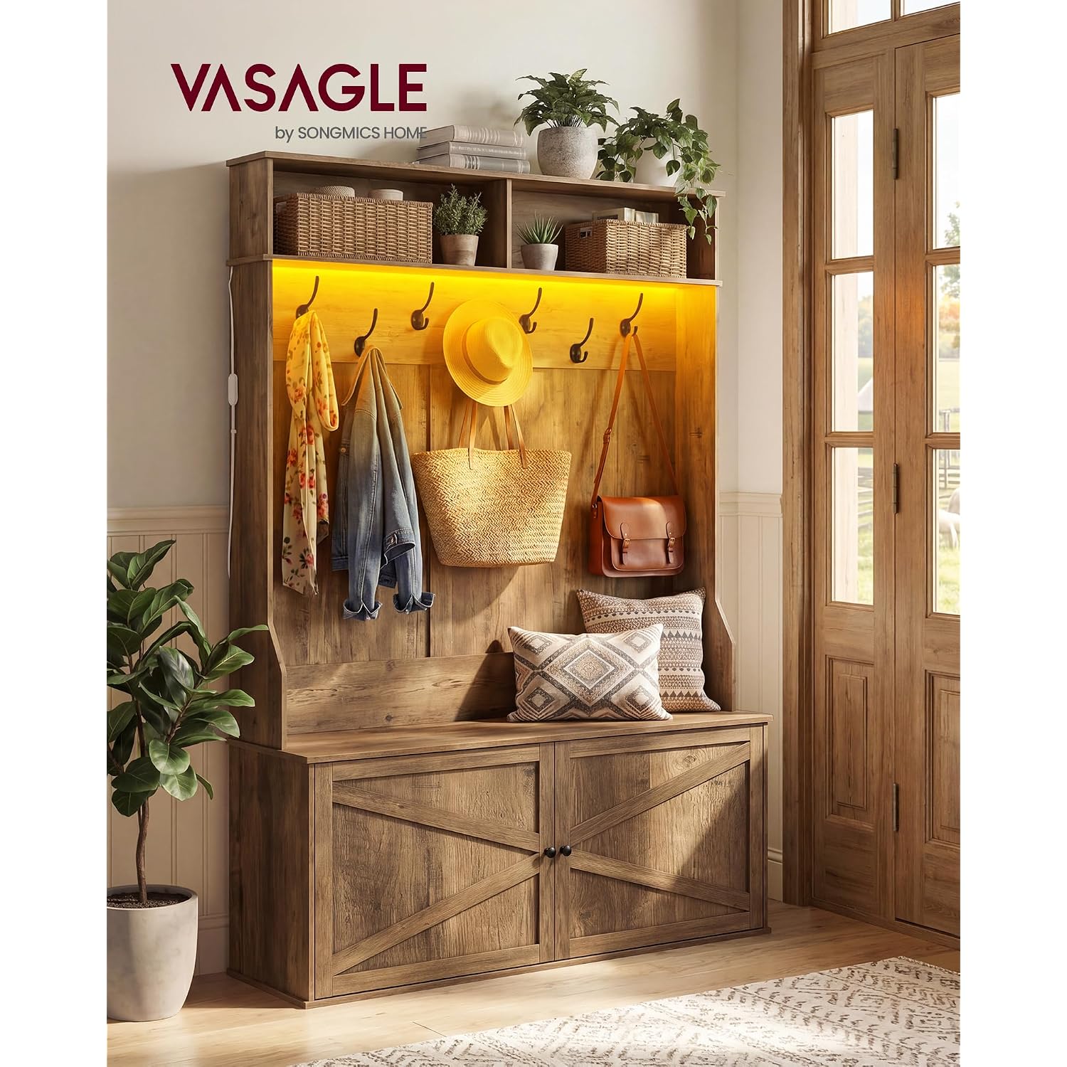 Vasagle Hall Tree With Bench And Shoe Storage, 5-In-1 Coat Rack With Shoe Bench, Adjustable Led Light, 7 Double Hooks, Farmhouse Entryway Furniture, Honey Brown Uhsr653Kb01S