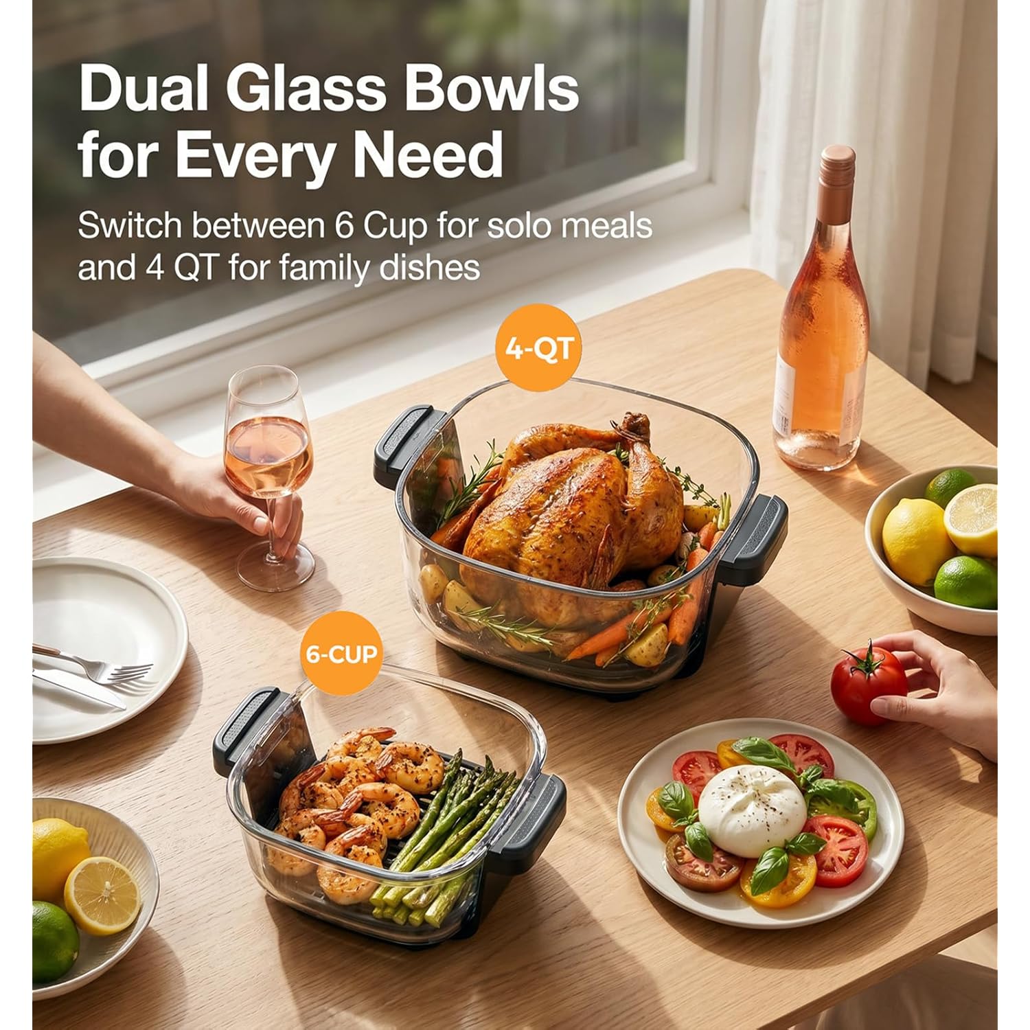 5-in-1 Glass Air Fryer for Healthy Oil-Free Cooking, Portable 1500W Countertop Cooker with 4QT & 6-Cup Glass Bowl, Non-Toxic Design & Dishwasher Safe for Single & Family Meals