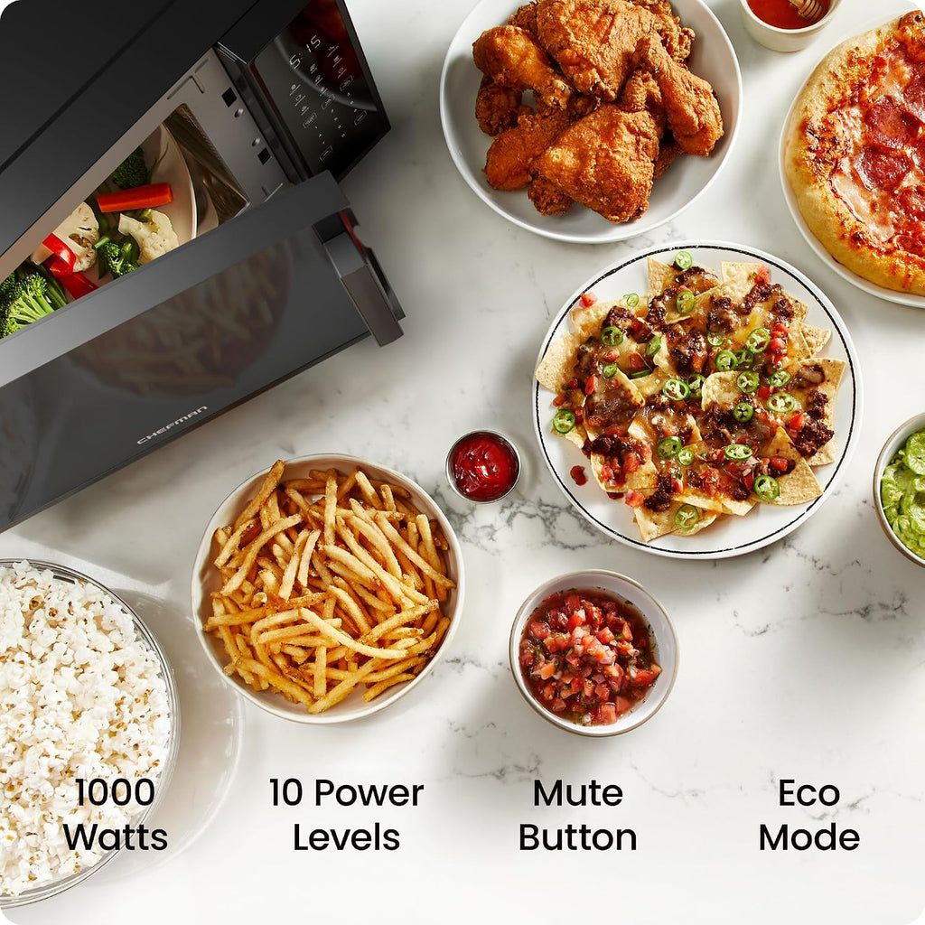 Chefman Countertop Microwave Oven 1.1 Cu. Ft., 1000 Watts With 10 Power Levels, 6 Cooking Presets With One-Touch Express Cook, Eco Mode, Child Safety Lock, & Mute Button - Black