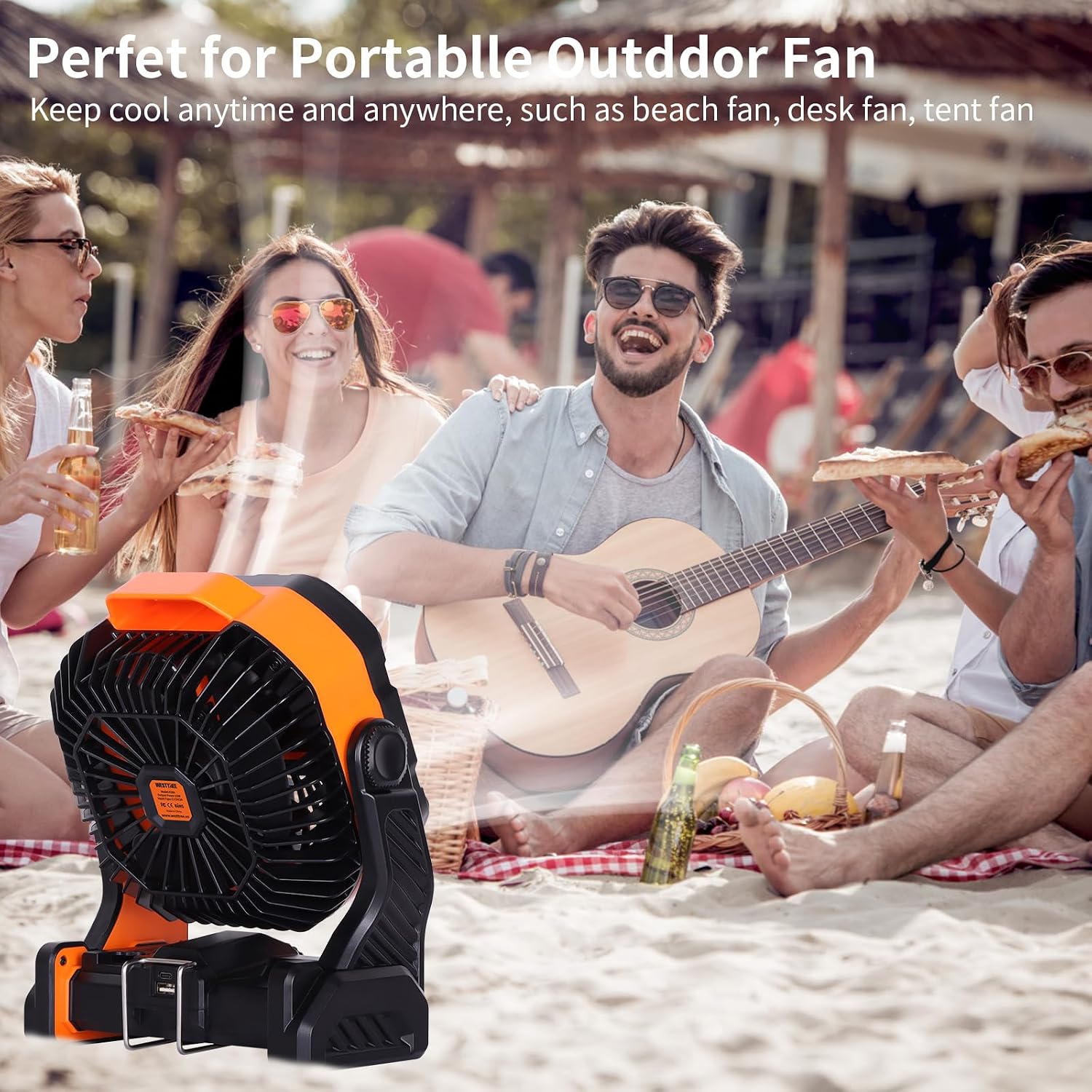 Westtree 20000Mah Battery Powered Fan Camping Fan Essentials Portable Fan Battery Operatedrechargeable Outdoor Tent With Light & Hook Personal Usb Desk For Camping,Orange