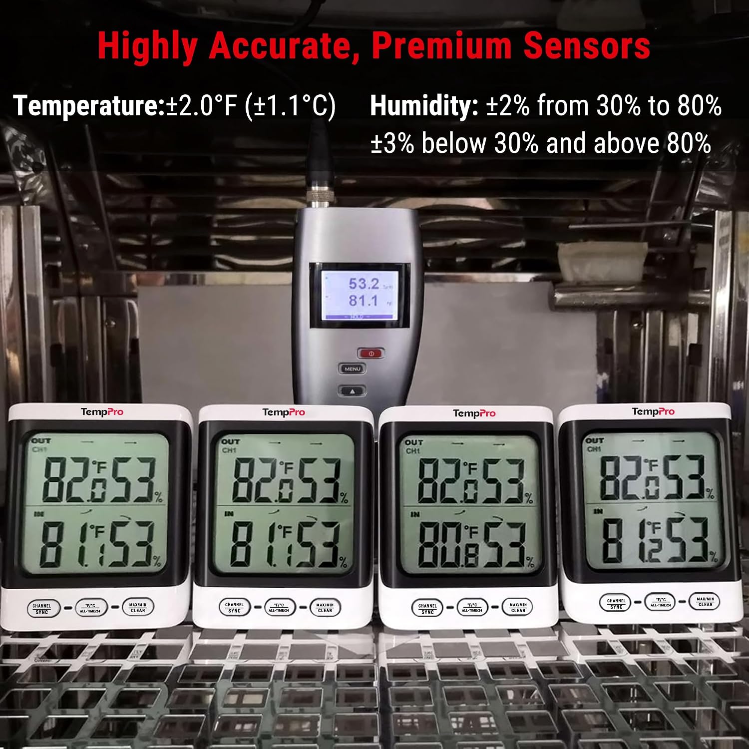 Temppro Tempair 500 Ft Indoor Outdoor Thermometer Wireless With Sensor | 3.3" Lcd Backlit Display, Front Button, Outside Thermometer With Cold-Resistant Sensor For Patio Garage, Batteries Included