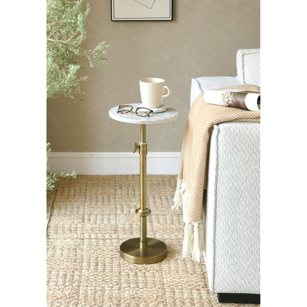 Adjustable-Height Marble Drink Table - 10X10X22-30, White Marble & Antique Brass, Modern Round End Table, Side Table With Pedestal Stand For Small Spaces, Vintage Metal Martini Cocktail Accent