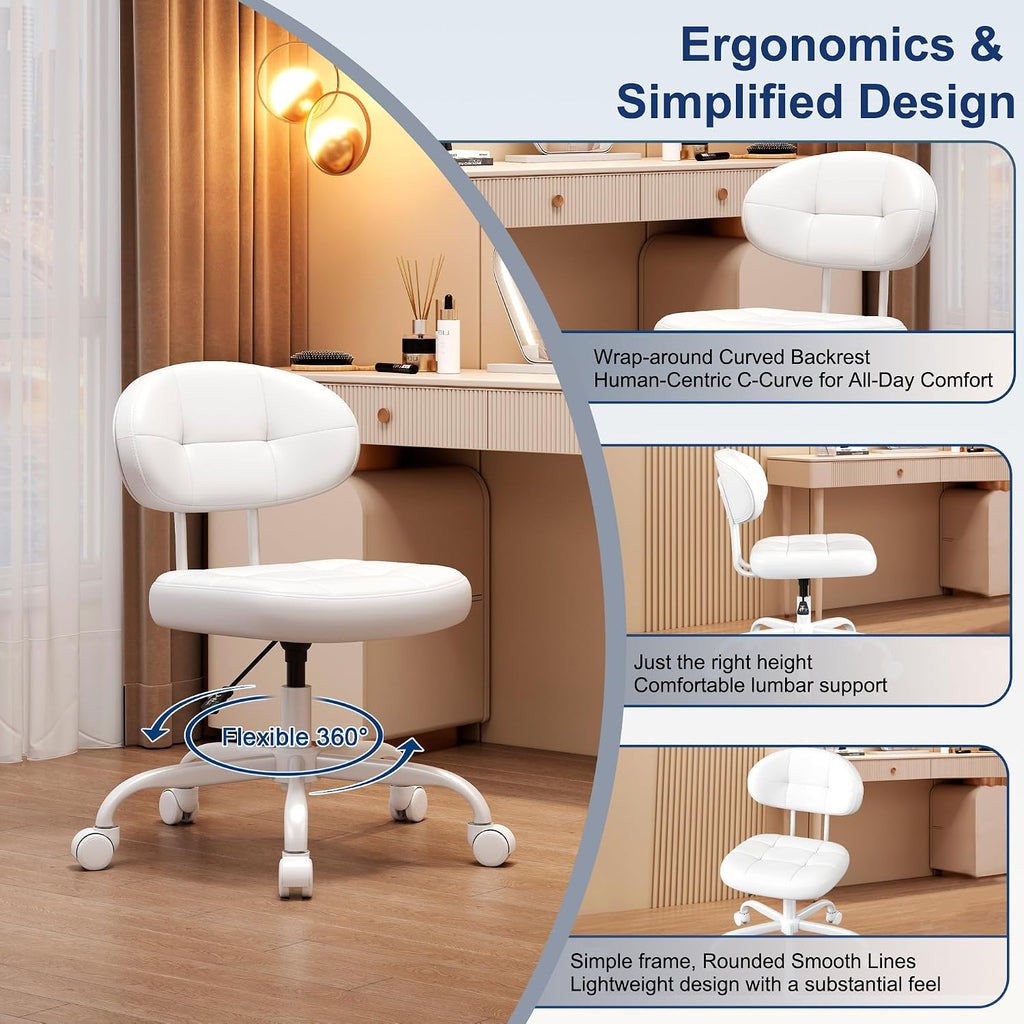Misolant Vanity Chair With Back, Small Armless Cute Office Chair With Wheels And Lumbar Support, Comfy Pu Leather Desk Computer Chairs With Adjustable Height, 360°Swivel For Home Bedroom Office, White