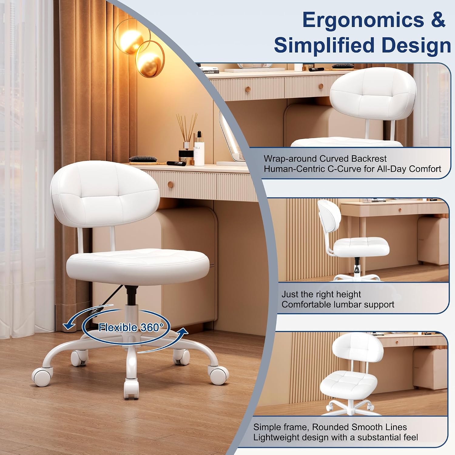 Misolant Vanity Chair With Back, Small Armless Cute Office Chair With Wheels And Lumbar Support, Comfy Pu Leather Desk Computer Chairs With Adjustable Height, 360°Swivel For Home Bedroom Office, White