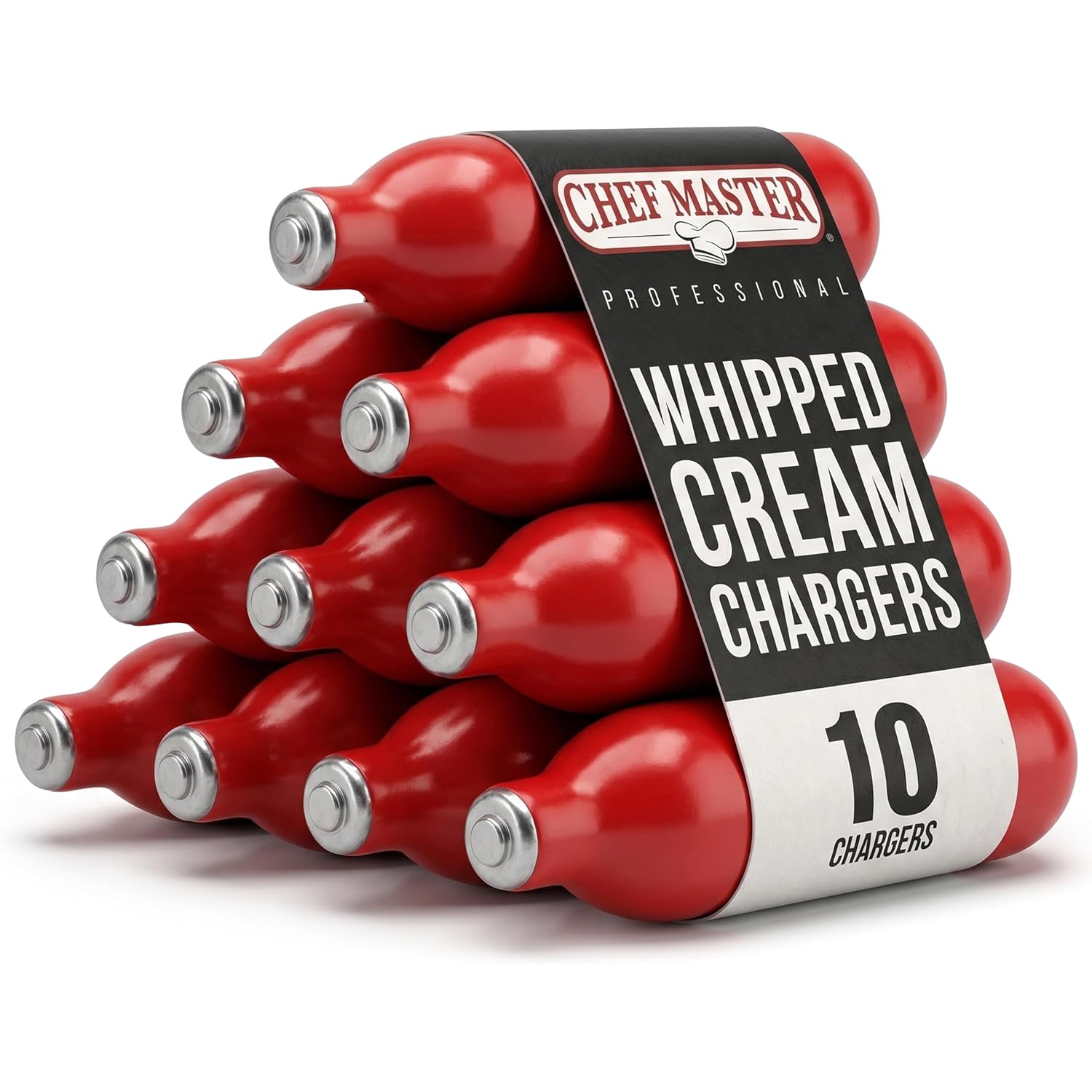Chef Master Whipped Cream Charger (10-Pack) - N2O Cream Chargers For Professional Creams Dispensers - 8G Nitrous Oxide Cartridges - Food Grade Gas Refills For Whipping, Culinary Foams & Desserts