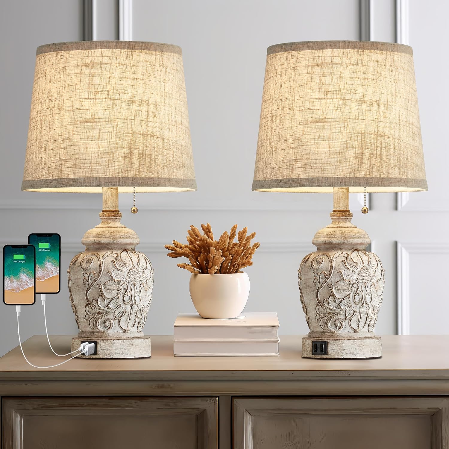 19.5" Vintage Rustic Table Lamp Set Of 2 Farmhouse Table Lamps For Living Room Bedroom Decor With Usb Ports Traditional Carved Floral White Bedside Night Light Lamps With Pull Chain Switch