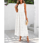 Dowerme Women Summer Dresses 2026 Casual Sleeveless Crewneck A-Line Boho Lace Eyelet Cotton Tank Maxi Dress With Pockets