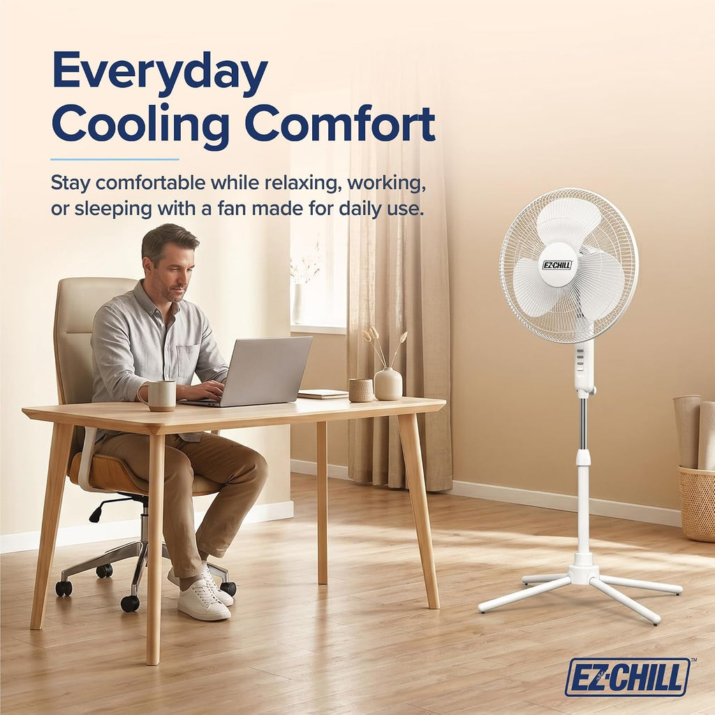 Ez-Chill 16” Oscillating Pedestal Fan, 3-Speed Options, 90-Degree Oscillating Head, Adjustable Height And Tilt, Powerful Air Flow, White, Mtsp15-16Az