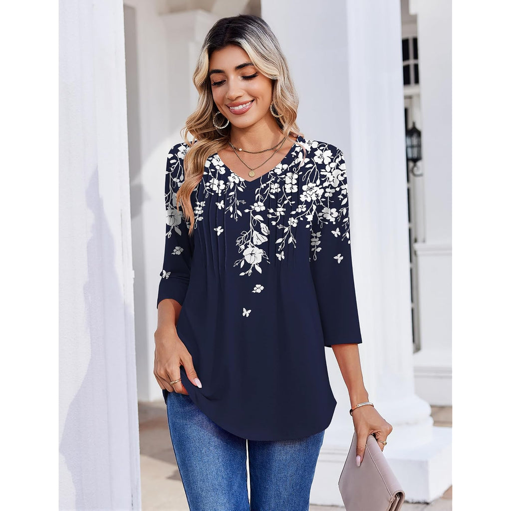 Zeagoo 3/4 Length Sleeve Womens Tops Casual V Neck Pleated Top Boho Floral Blouses Work Shirts