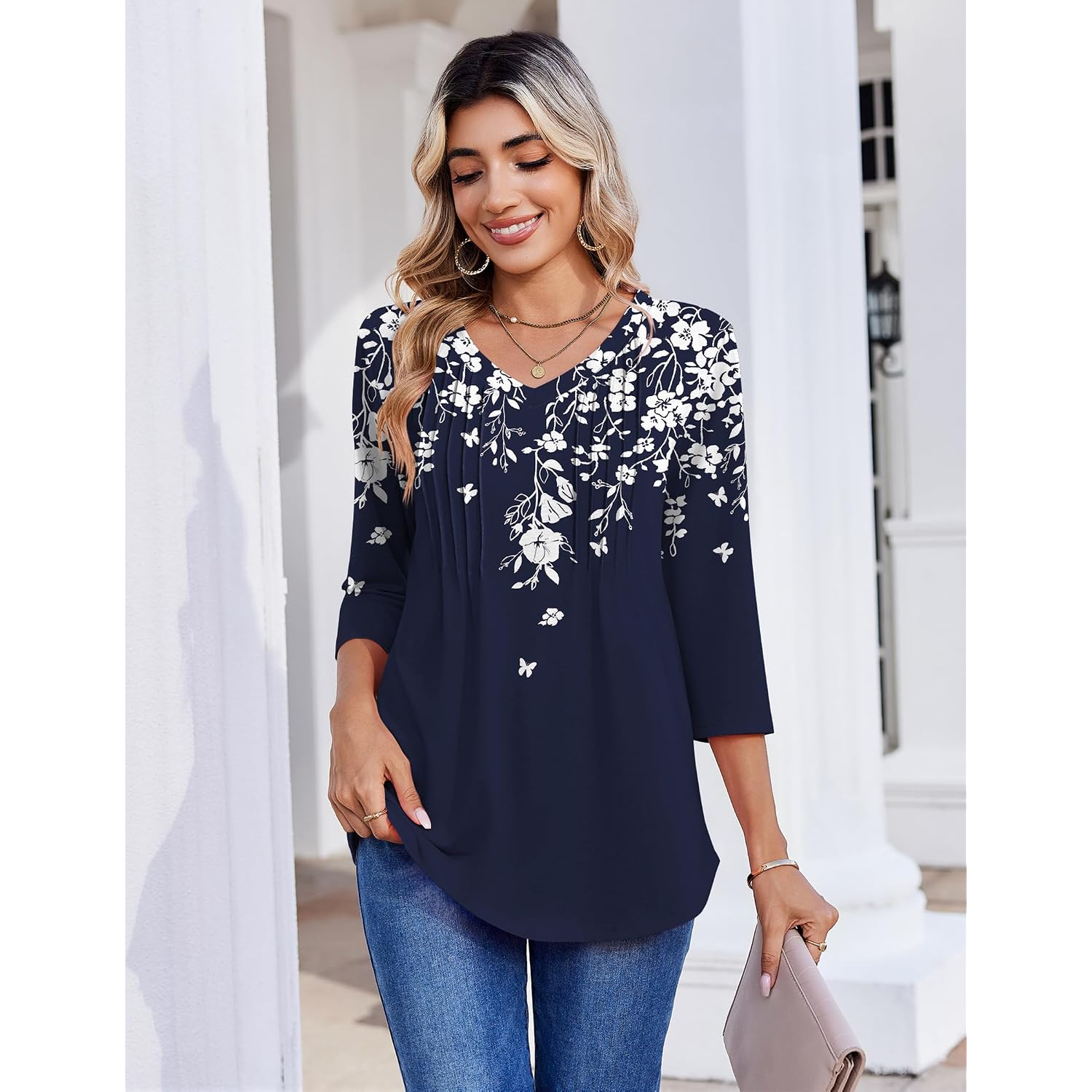 Zeagoo 3/4 Length Sleeve Womens Tops Casual V Neck Pleated Top Boho Floral Blouses Work Shirts