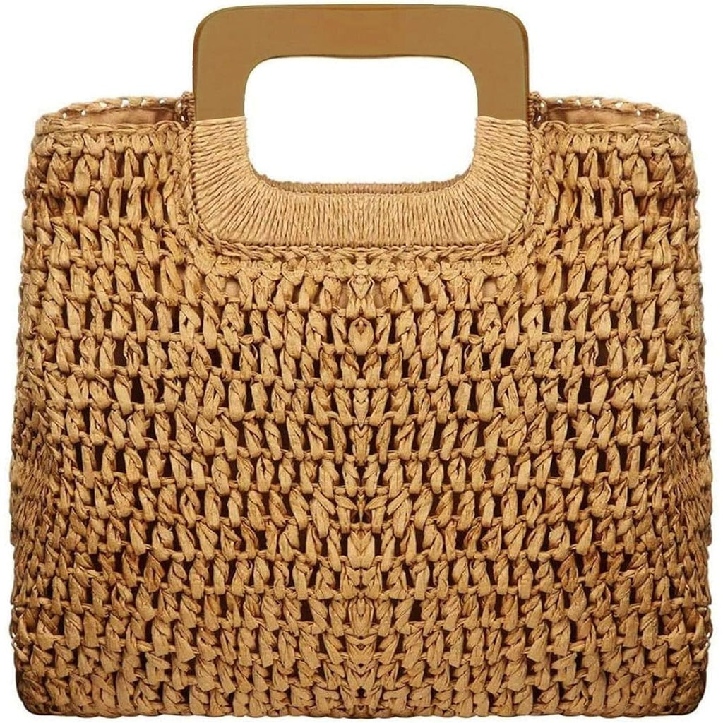 Straw Tote Bag With Natural Wooden Handle, Women Hobo Woven Handbag For Slouchy Charm, Summer Beach Travel Accessory