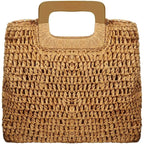 Straw Tote Bag With Natural Wooden Handle, Women Hobo Woven Handbag For Slouchy Charm, Summer Beach Travel Accessory