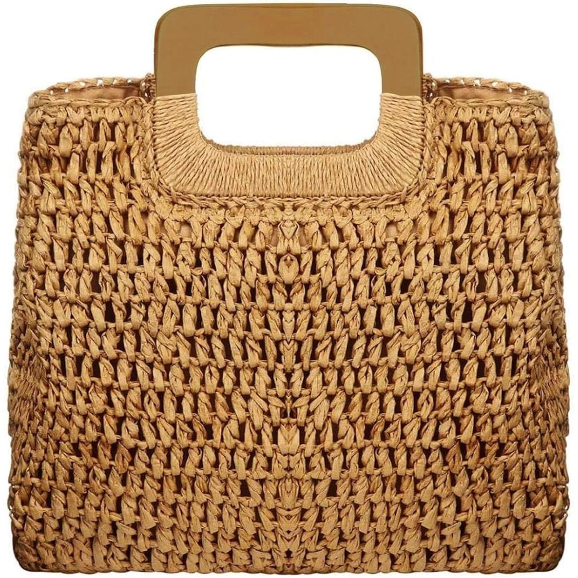 Straw Tote Bag With Natural Wooden Handle, Women Hobo Woven Handbag For Slouchy Charm, Summer Beach Travel Accessory