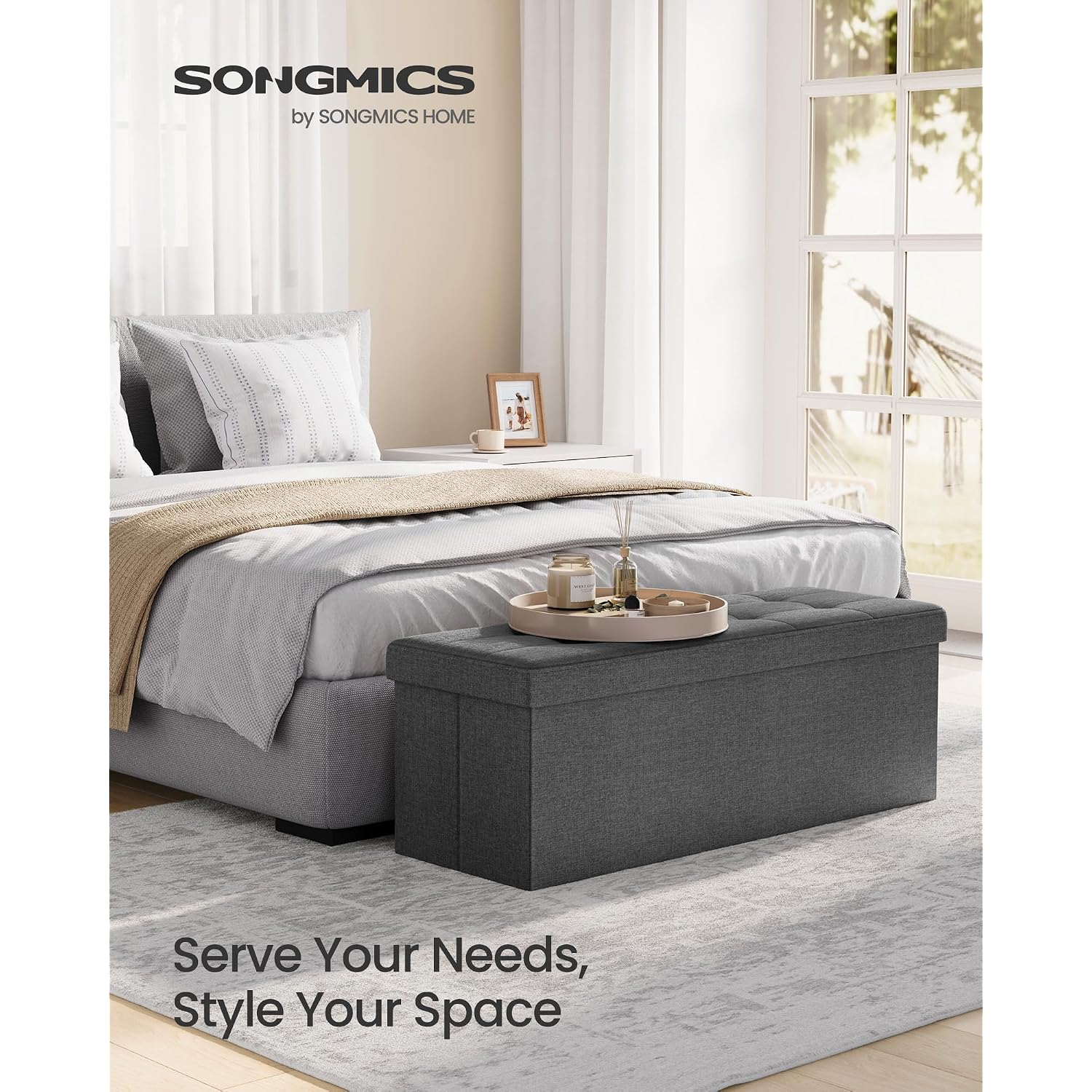 Songmics Mazie Collection - 43 Inches Folding Storage Ottoman Bench, Ottoman Foot Rest, End Of Bed Bench, Storage Chest, Load 660 Lb, For Living Room, Bedroom, Entryway, Dark Gray Ulsf77K