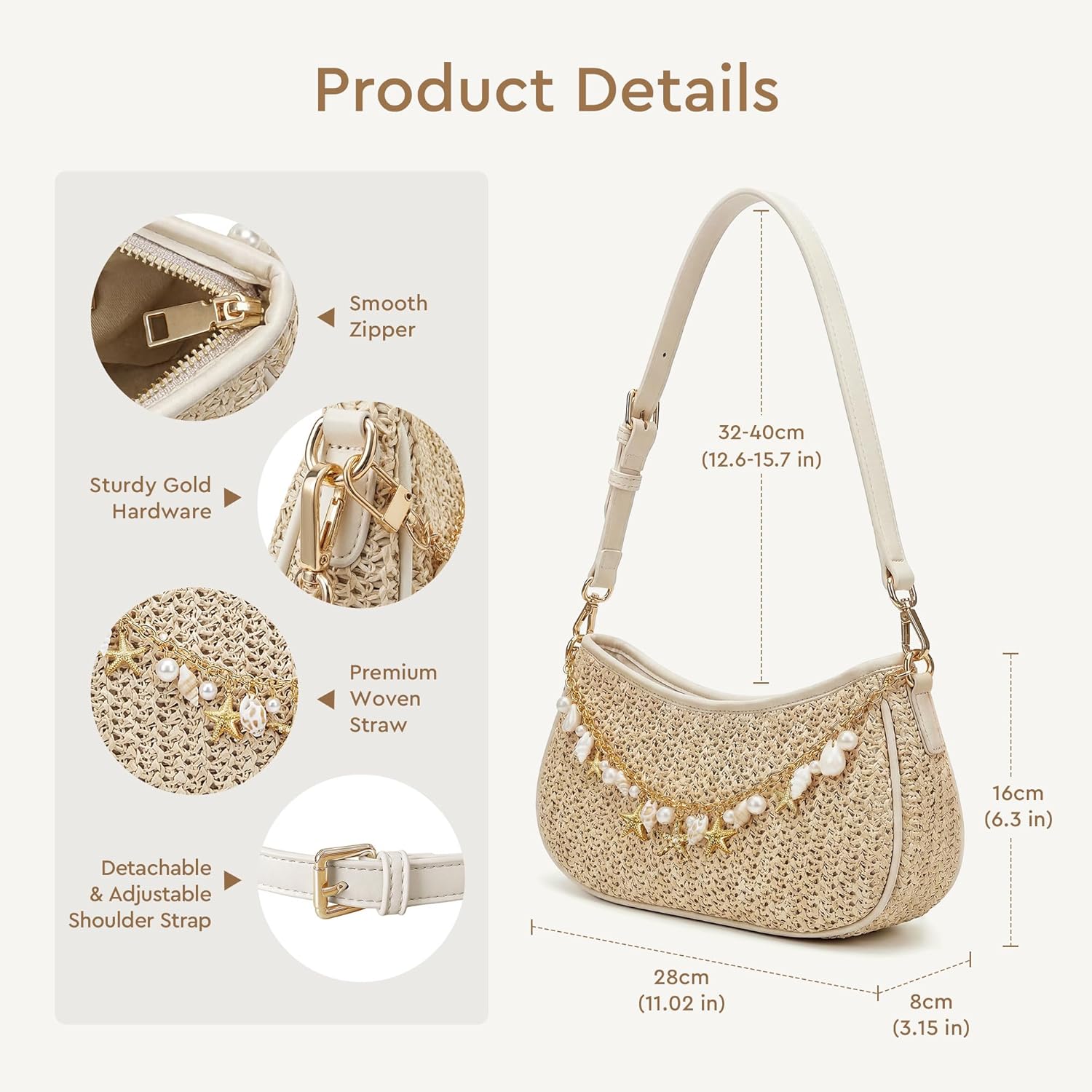 CHUNLI Straw Shoulder Bag for Women, Boho Woven Raffia Hobo Purse with Charm Chain, Adjustable Strap Summer Beach Vacation
