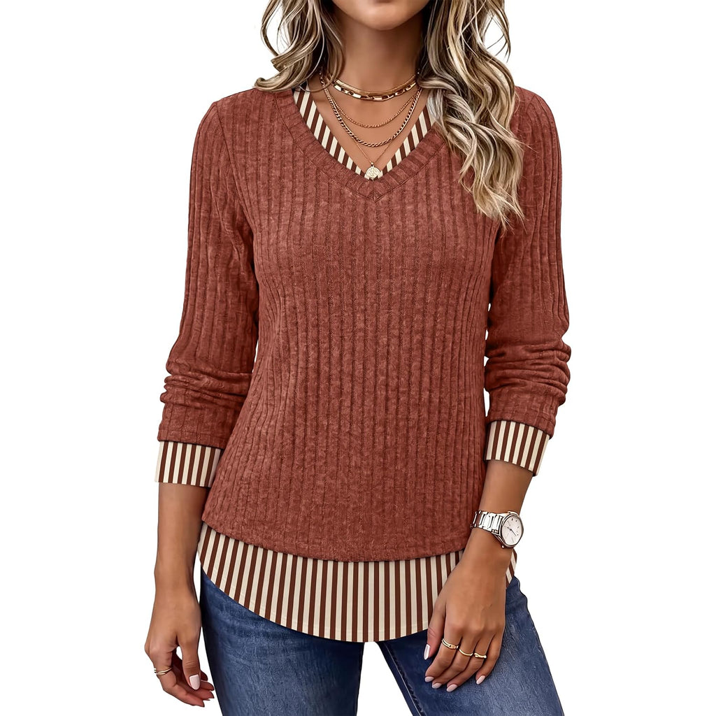 WIHOLL Womens Long Sleeve Shirts Lightweight Tunic Sweaters | 2-in-1 layered look, loose fit, tunic length, dressy casual, school teacher outfits, work to weekend, fall winter fashion