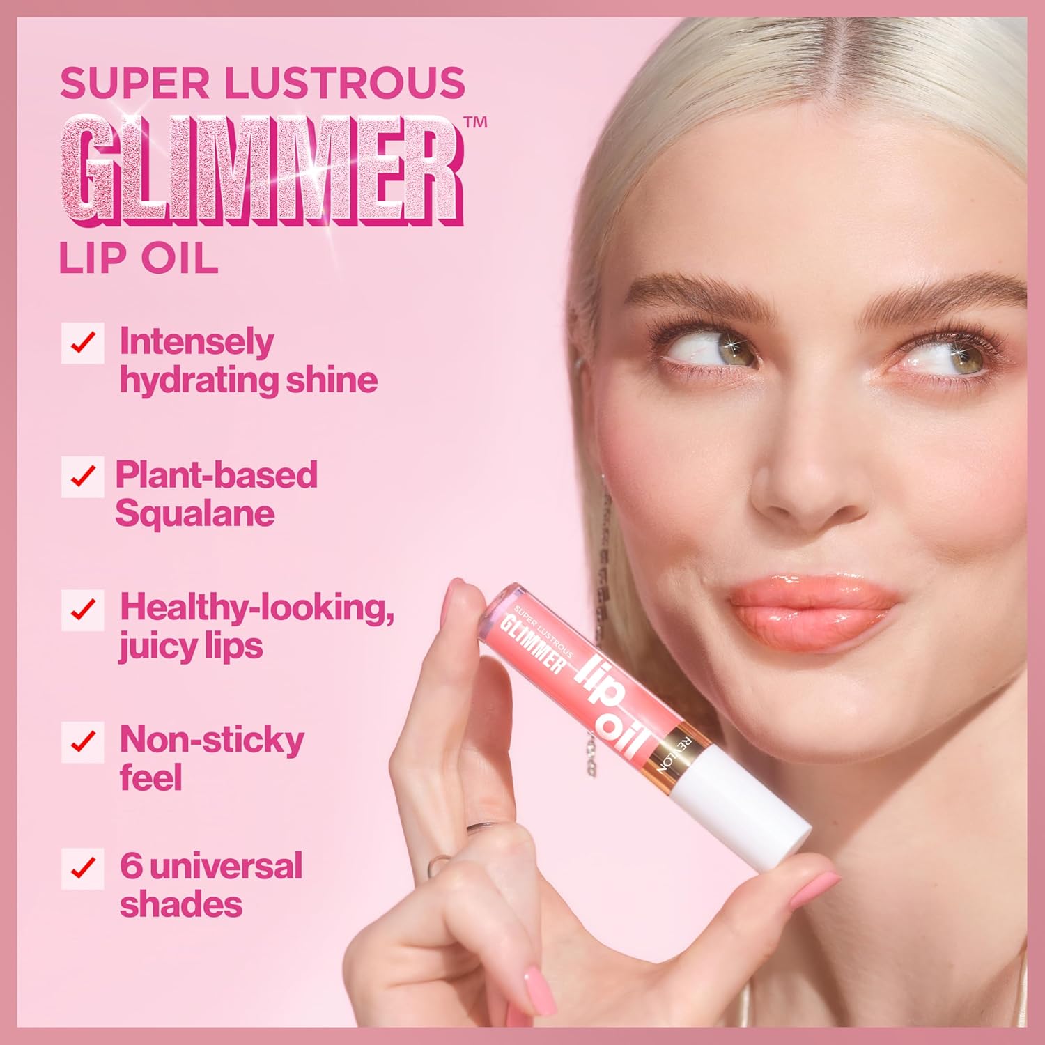 REVLON Super Lustrous Glimmer Lip Oil, Moisturizing & Tinted, Shiny Finish, Made with Plant-Based Squalane, 007 Posh Peach, 0.13 fl oz