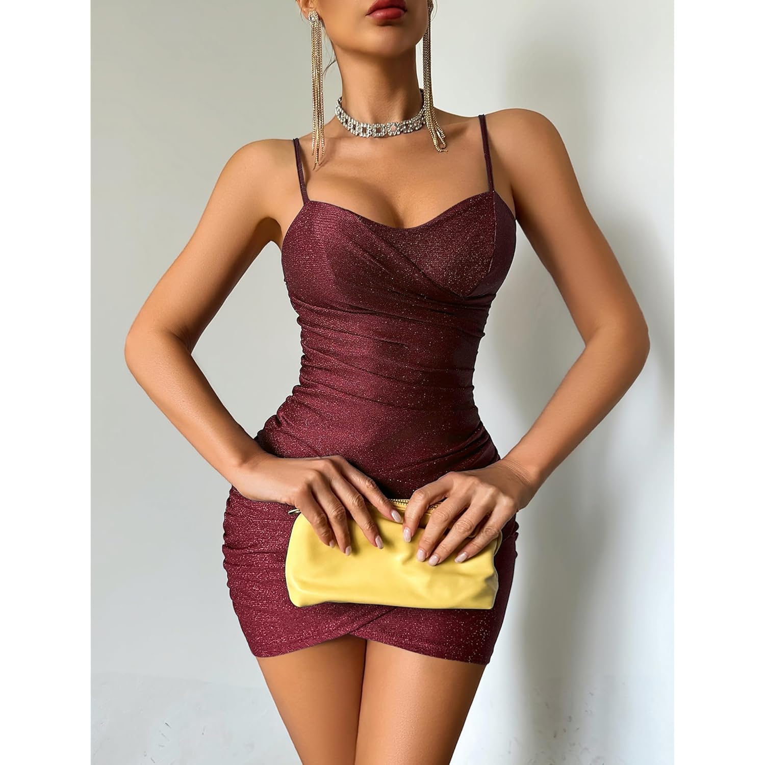 Women's Sexy Bodycon Mini Dress 2026 Glitter Spaghetti Strap Cross V Neck Ruched Party Club Night Out Dresses