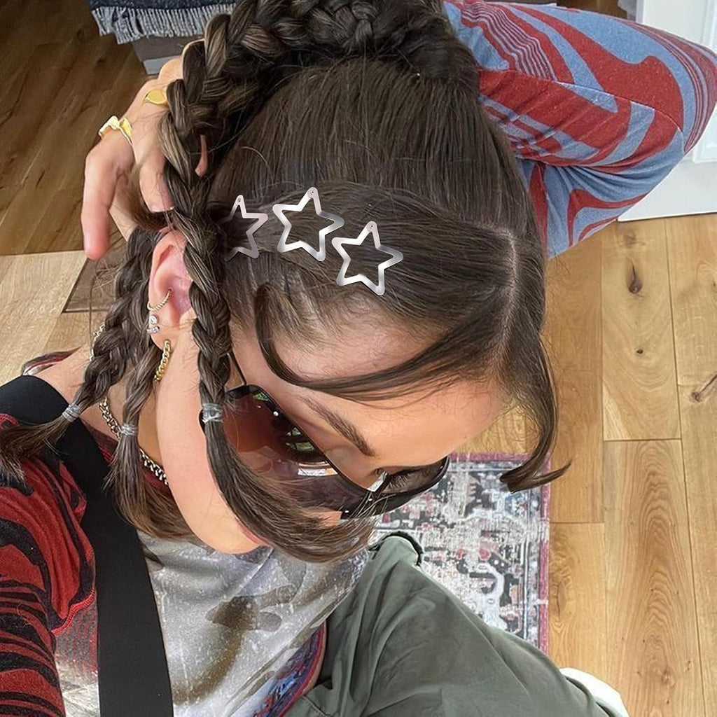 Star Hair Clips 2000S Y2K Snap Hair Barrettes Non Slip Star Hair Accessories Silver Metal Hair Clips For Girls Women -15 Pcs 1.57"