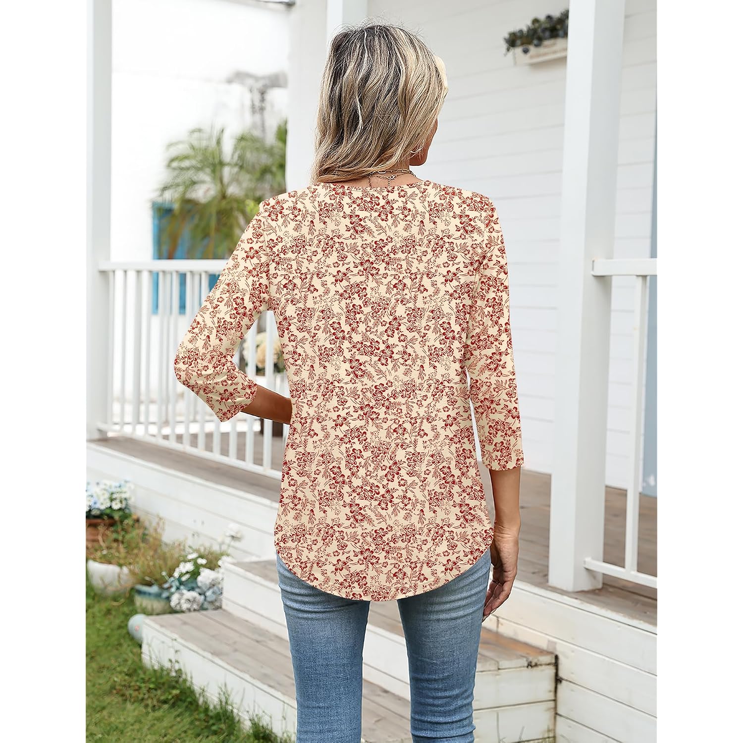 Ivicoer Women'S 3/4 Length Sleeve Tops Crewneck Button Pleated Dressy Casual Blouses