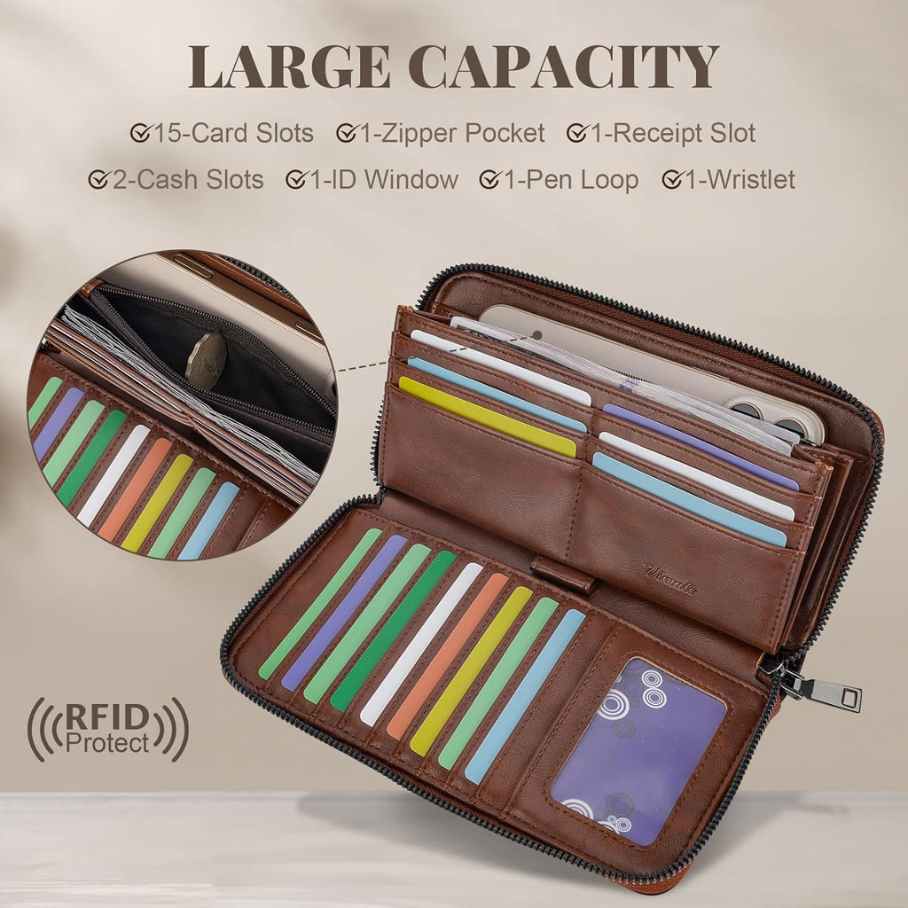 Womens Wallet Rfid Embossed Vegan Leather Multi Card Slots Wallets Large Capacity Wristlet Travel Purse for Women