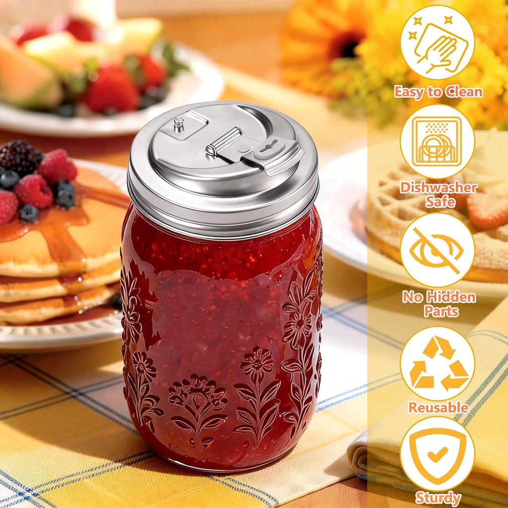 XUNWKONG Mason Jar Drinking Lids, Wide Mouth Stainless Steel Sip Lids for Iced Coffee, Smoothies & Cold Drinks, Leak Resistant Reusable Mason Jar Drink Lid, Heavy Duty Metal, 2 Packs