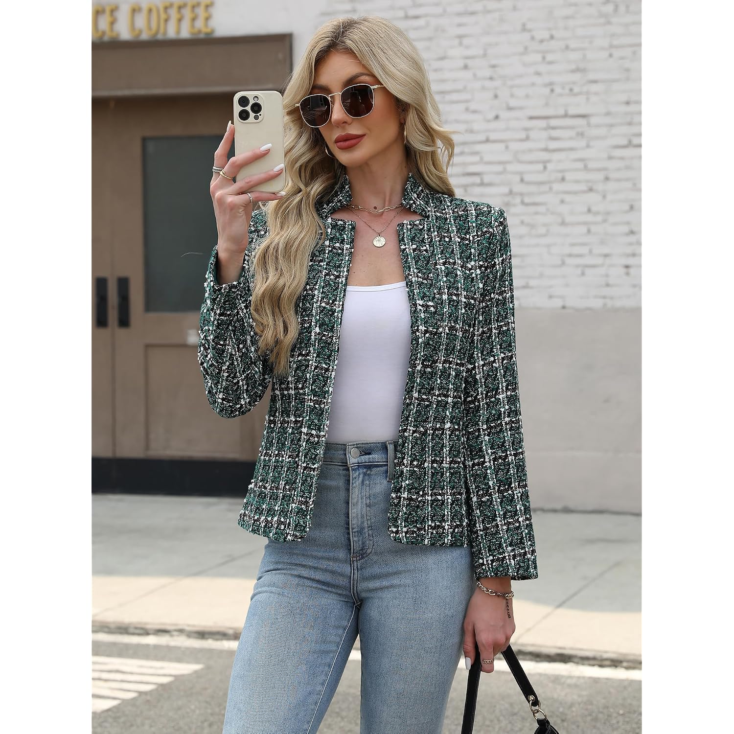 Elleven Womens' Tweed Open Front Blazer Long Sleeve Jacket Notch Collar Fully Lined Casual Business Work Office Coat