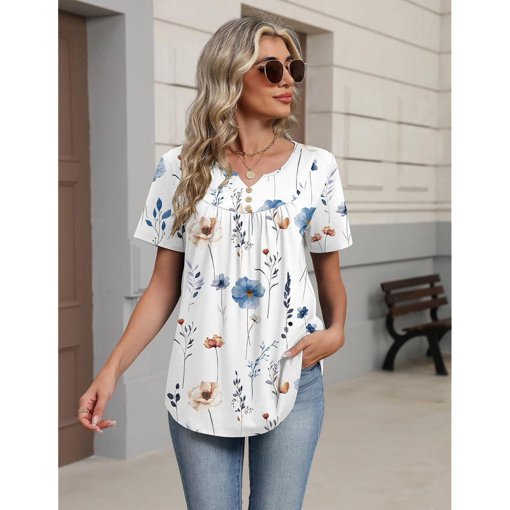 Zeagoo Womens Summer Tops 2026 Short Sleeve Shirts V Neck Pleated Tunic Tops Work Blouses Business Casual Outfits S-3Xl