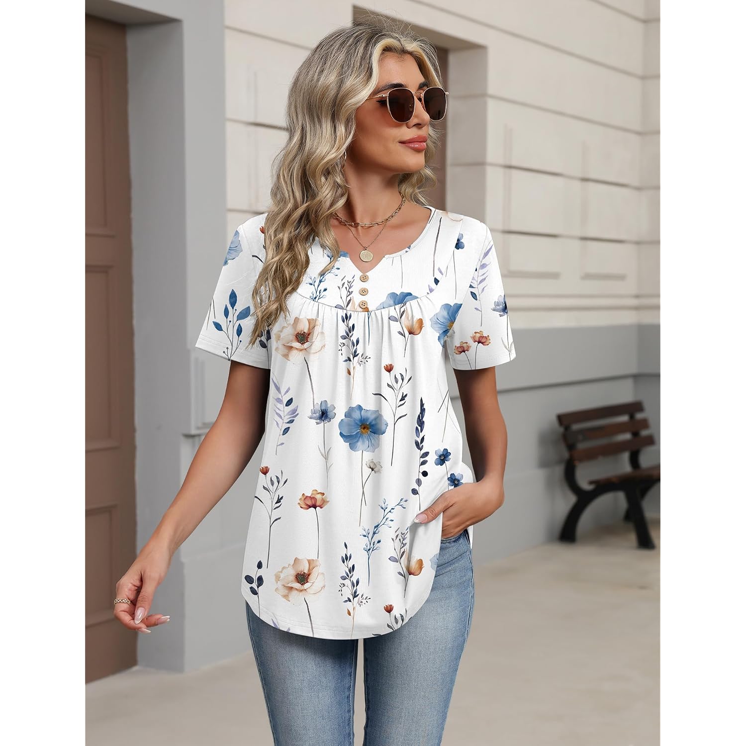 Zeagoo Womens Summer Tops 2026 Short Sleeve Shirts V Neck Pleated Tunic Tops Work Blouses Business Casual Outfits S-3Xl