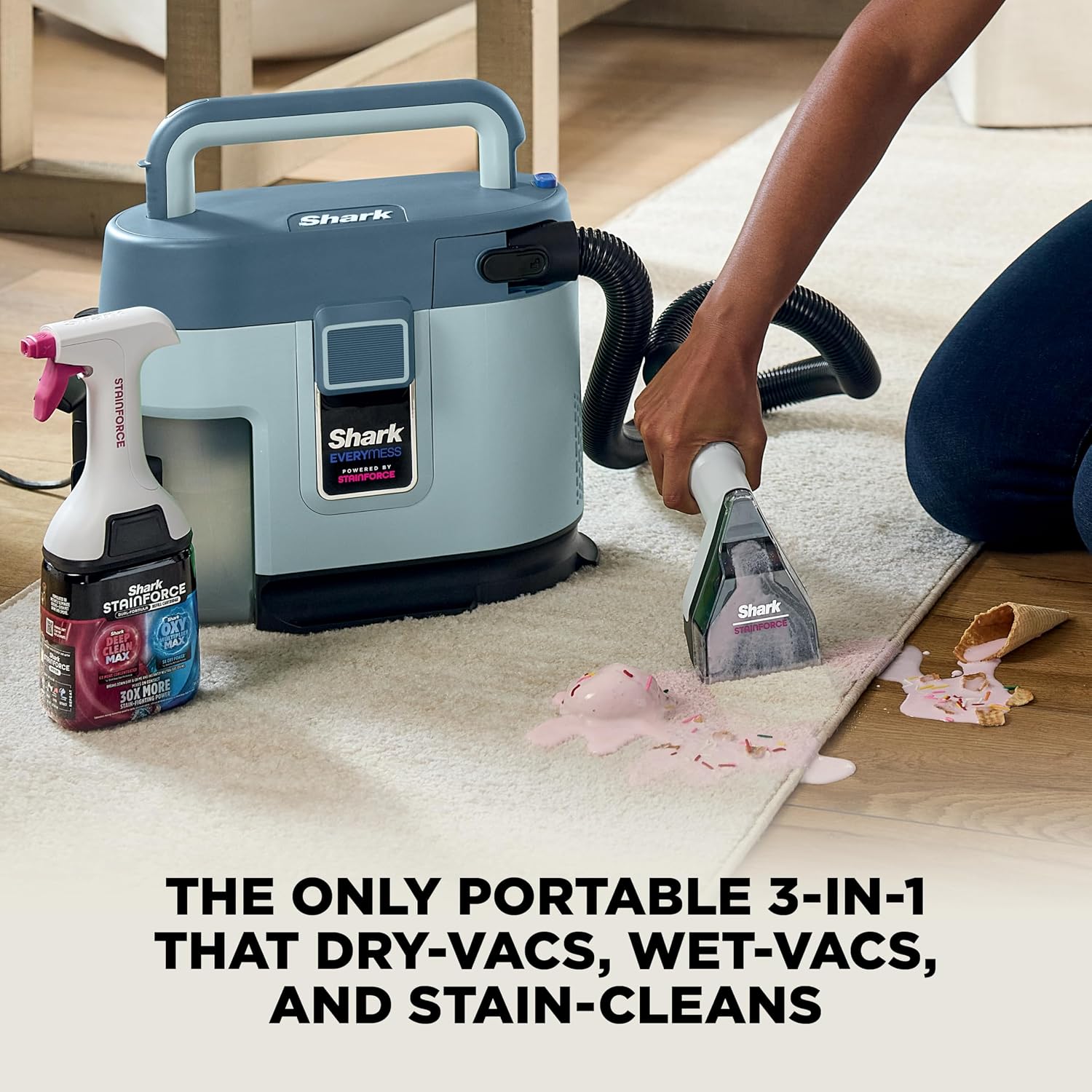 Shark Everymess Ultra-Powerful 3-In-1 Wet Vac, Dry Vac, & Stain Eliminator With Stainforce Technology, Perfect For Homes, Pets, And Cars, 4 Accessories And Cleaning Solution, Gray, Vx101