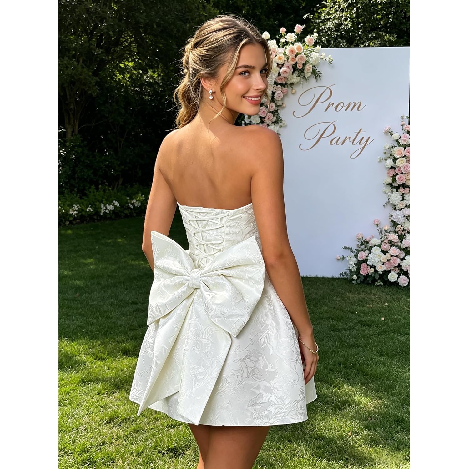 Jumisee Embroidery Satin Homecoming Dress With Bow Modest Strapless Mini Dresses A Line Short Prom Dress Party Gown