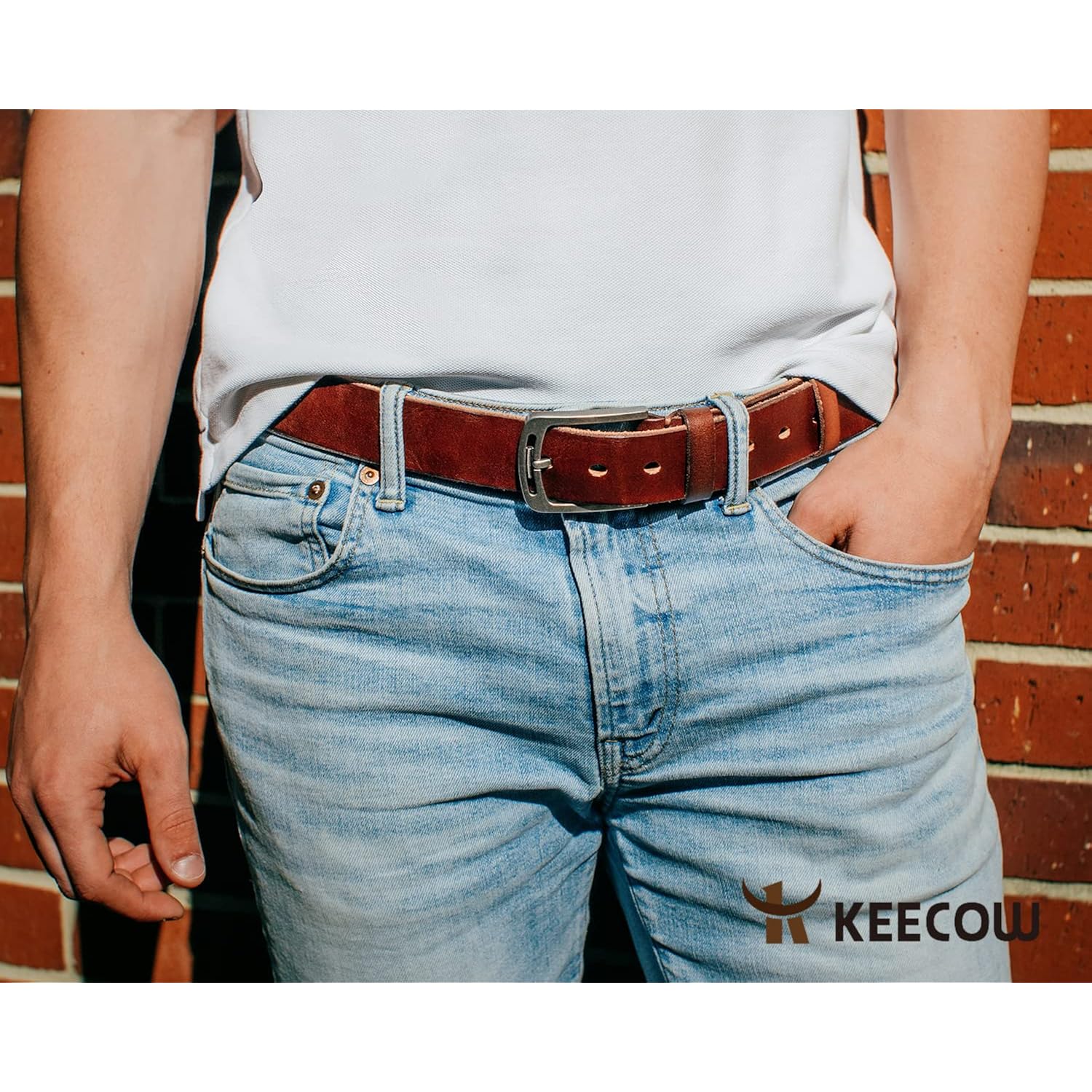 Keecow Men'S 100% Italian Cow Leather Belt Men With Anti-Scratch Buckle,Packed In A Box