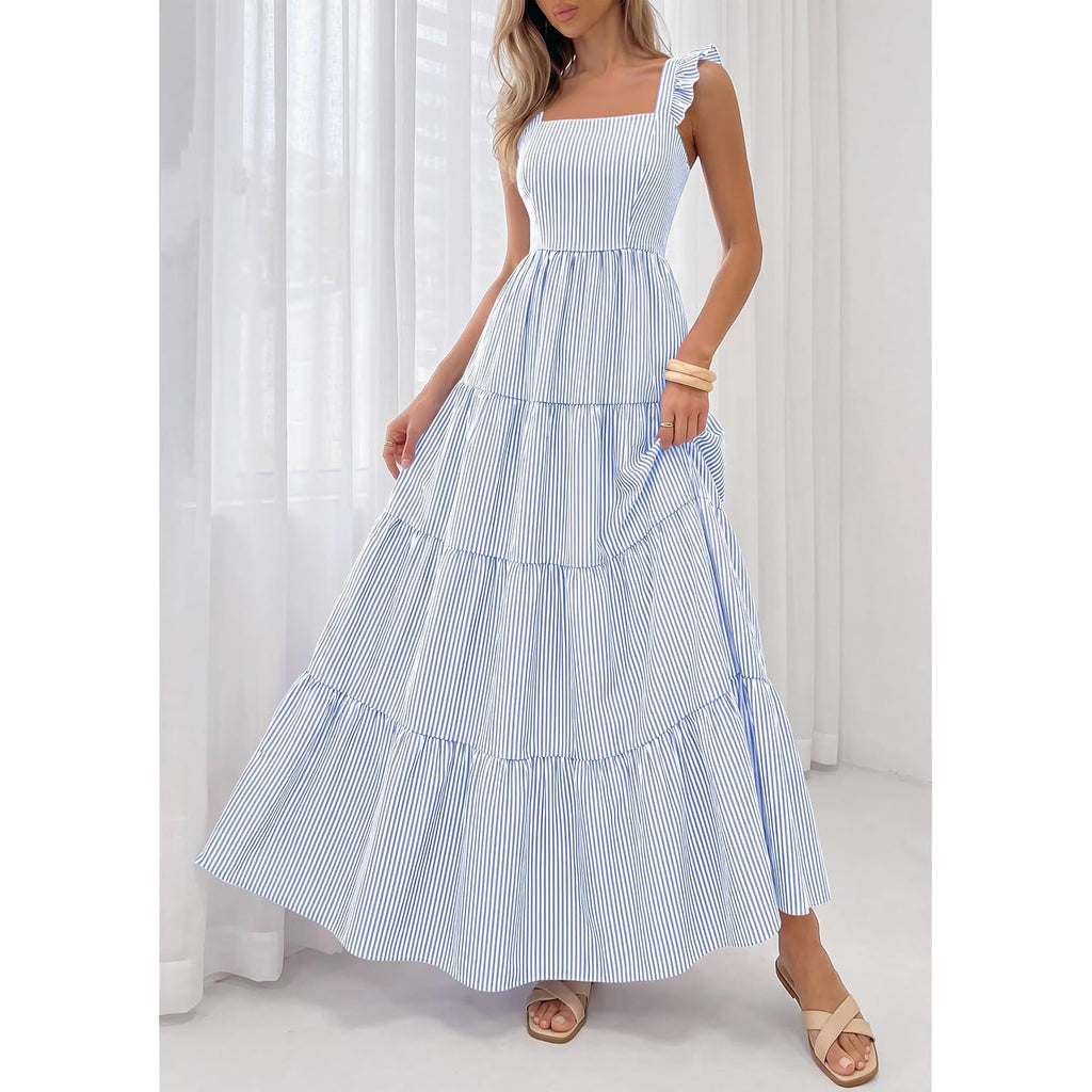 Prettygarden Womens 2026 Summer Casual Maxi Dresses Striped Square Neck Sleeveless Boho Flowy Sundress Beach Vacation Clothes