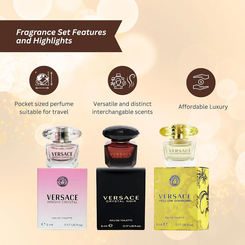 Versace Perfume for Women Variety 3-Piece Mini Gift Set – Yellow Diamond, Crystal Noir, Bright Crystal