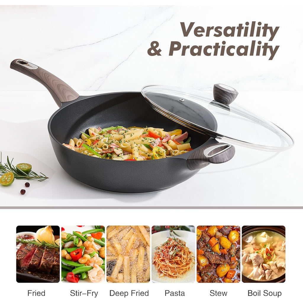 SENSARTE Nonstick Frying Pan Skillet with Lid, 12 Inch Large Deep Frying Pan, 5 Qt Non Stick Saute Pan with Cover, Induction Pan, Healthy Non Toxic Cooking Pan with Helper Handle, PFOA PFOS Free
