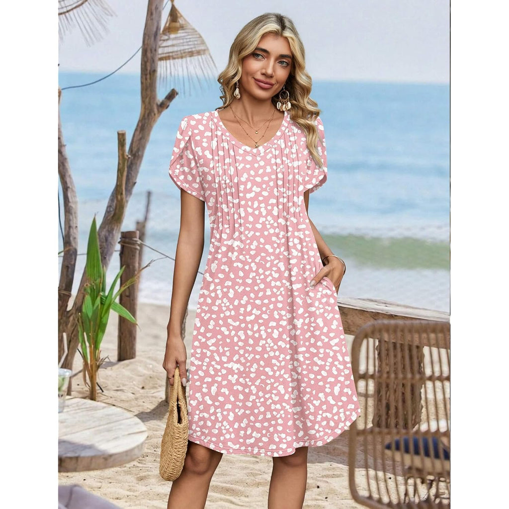 Summer Dresses for Women Casual A Line Dress 2026 V Neck Short Dresses Floral Sundress Pleated Boho Dress