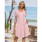 Summer Dresses for Women Casual A Line Dress 2026 V Neck Short Dresses Floral Sundress Pleated Boho Dress