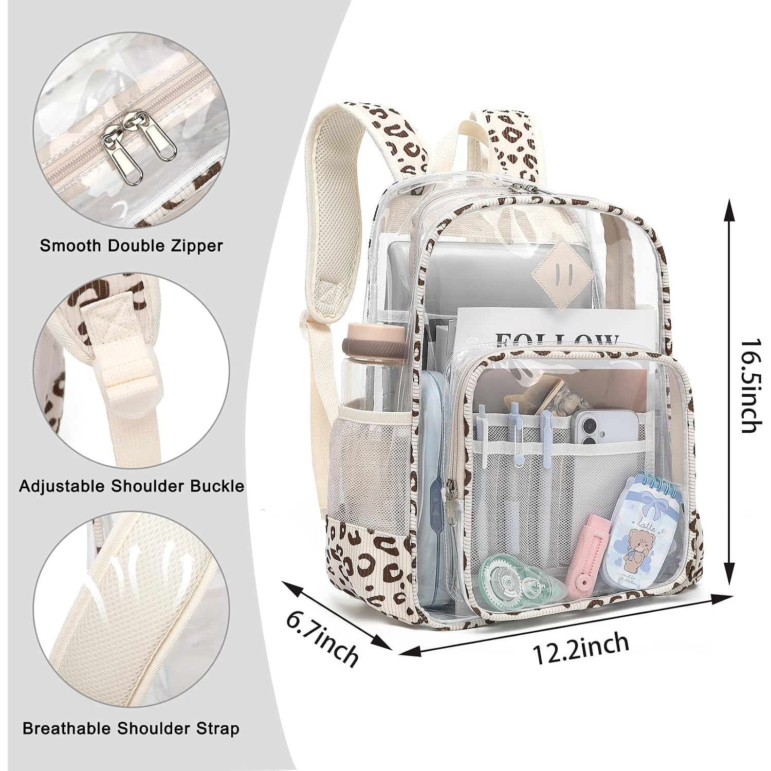 Clear Backpack For Girls Women School Bookbag Heavy Duty Transparent Backpacks (Beige Corduroy Leopard)