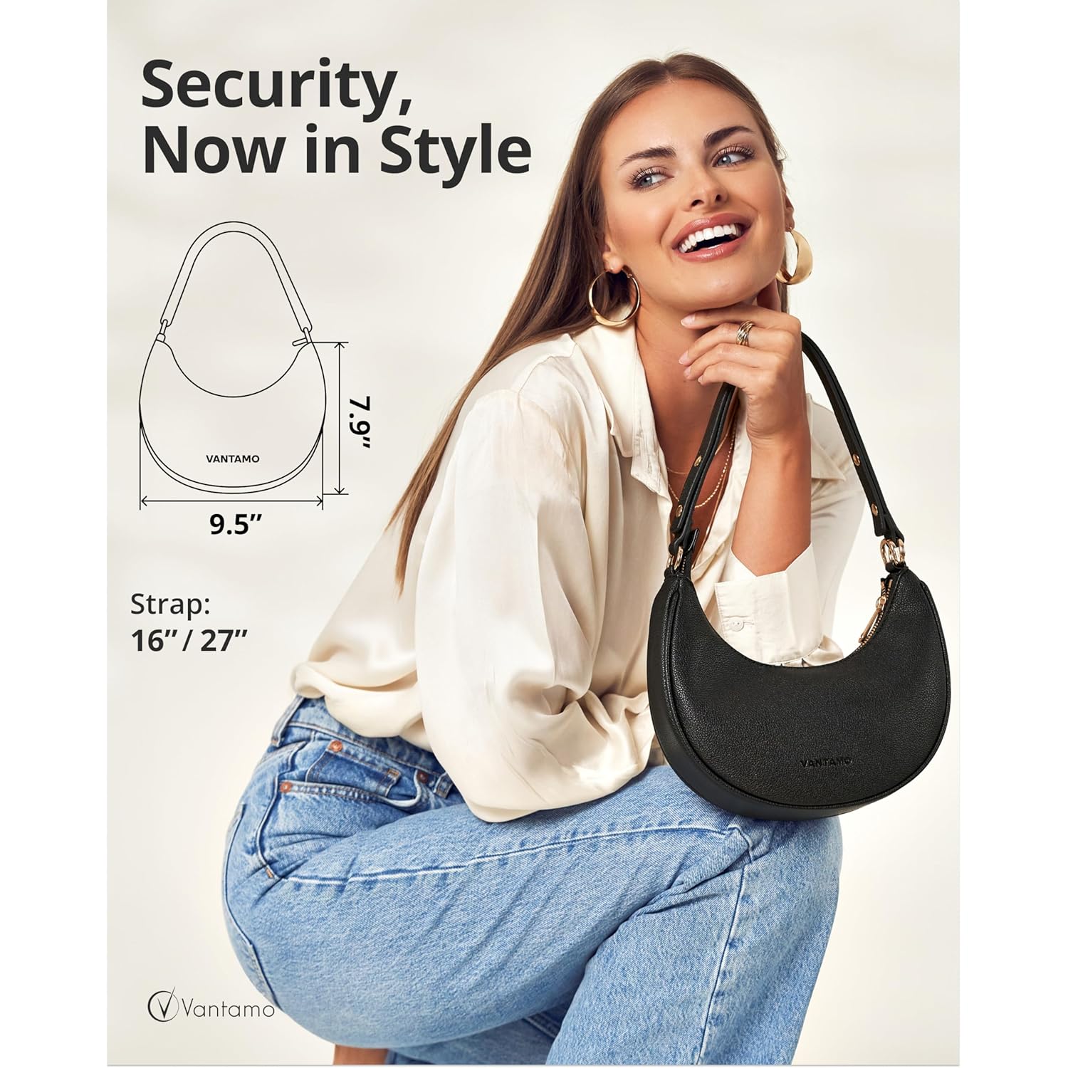 Vantamo Crescent Bags For Women with RFID Protection, Half Moon Clutch Purses for Women with Anti-Theft Clip for Extra Safety
