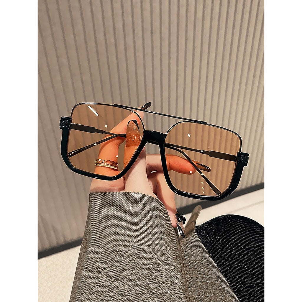 GUVIVI Retro Oversized Aviator Sunglasses for Women Men Square Double Bridge Pilot Sun Glasses 70s Trendy Shades Black Frame - Light Brown Lens