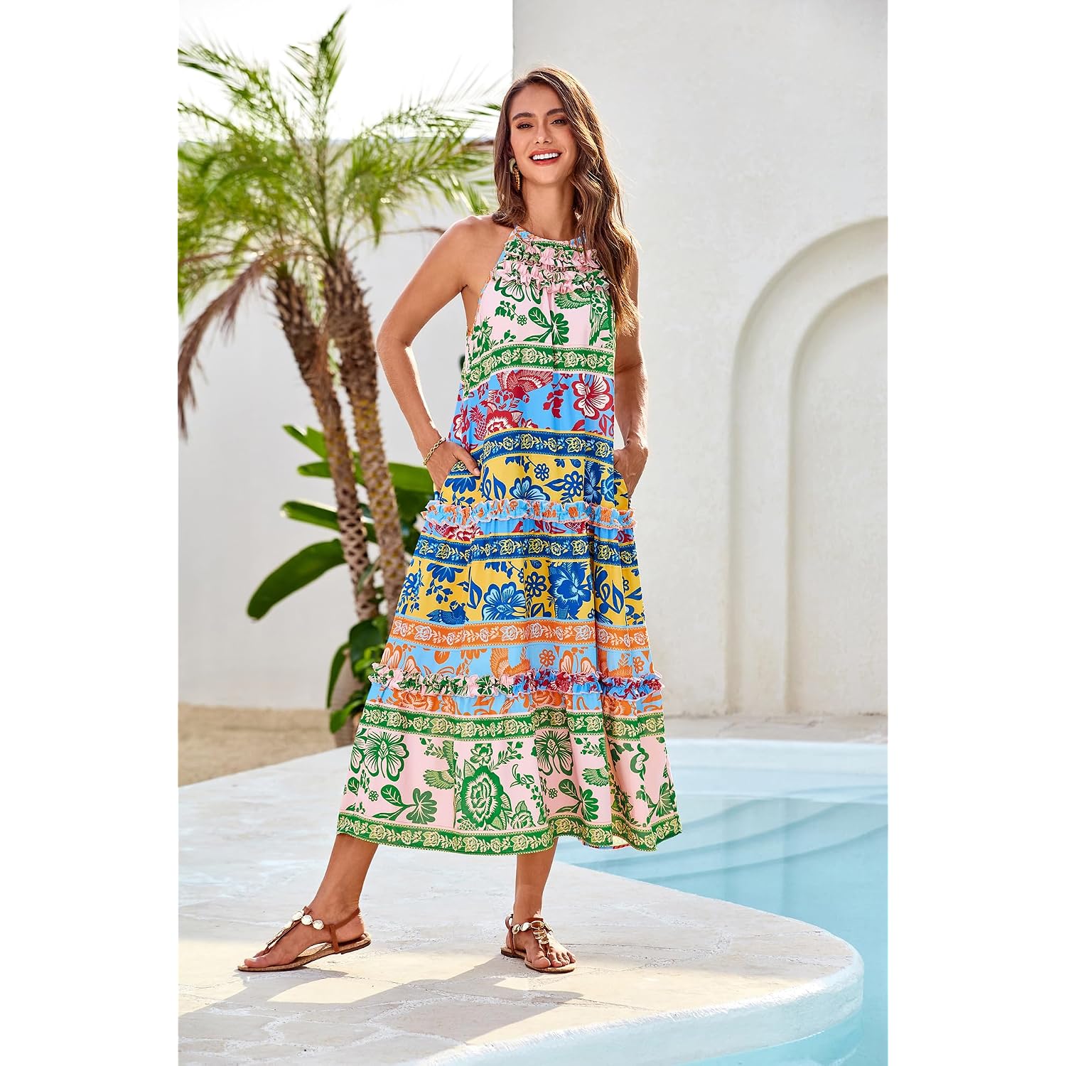 Grace Karin 2026 Women'S Floral Halter Maxi Dress Boho Summer Beach Sundress With Tiered Ruffle Skirt