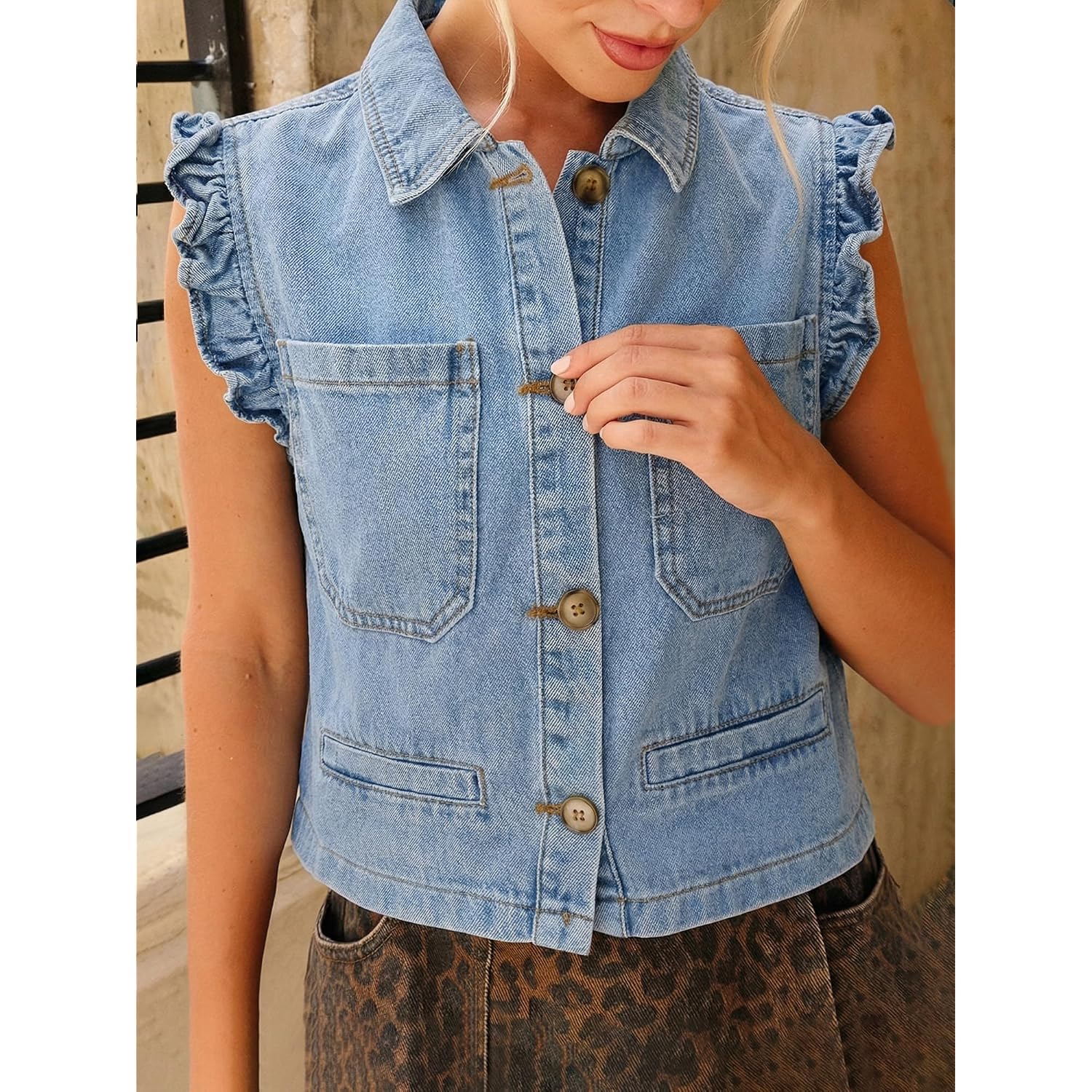Women'S Casual Denim Vest Sleeveless Ruffle Cuffed Cropped Jacket Tops 2026 | Country Concert Outfits For Women,Western Clothing,Y2K Fashion,Denim Vest Shirts,Spring & Summer Fashion,Button Down Closure