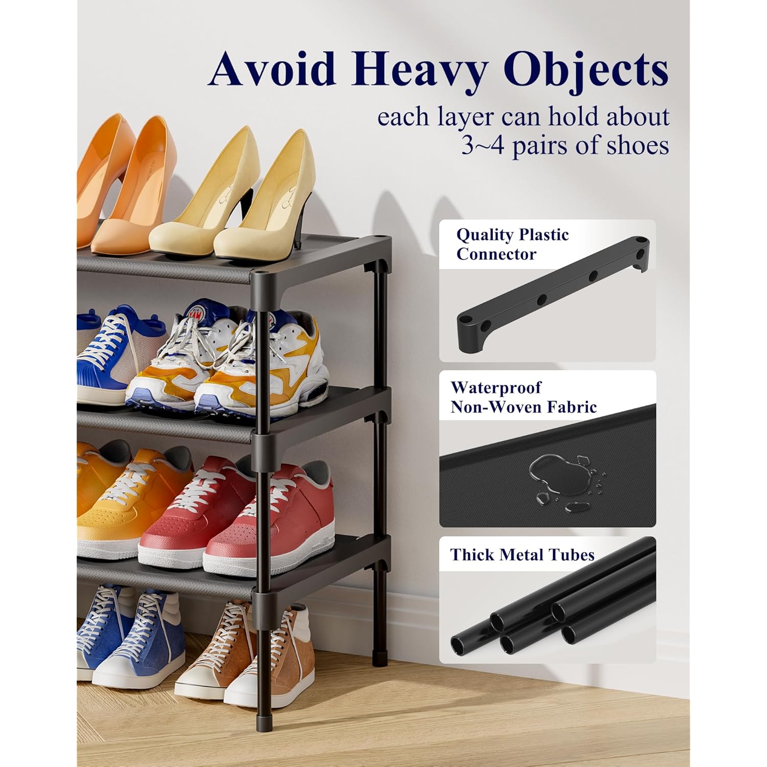 Kitsure Shoe Rack - Non-Woven Shoe Rack Shelf, Shoe Organizer for Closet, Entryway, Garage & Corridor, Stackable Shoe Shelves, 27.5" Wide - 3 Tier, Black